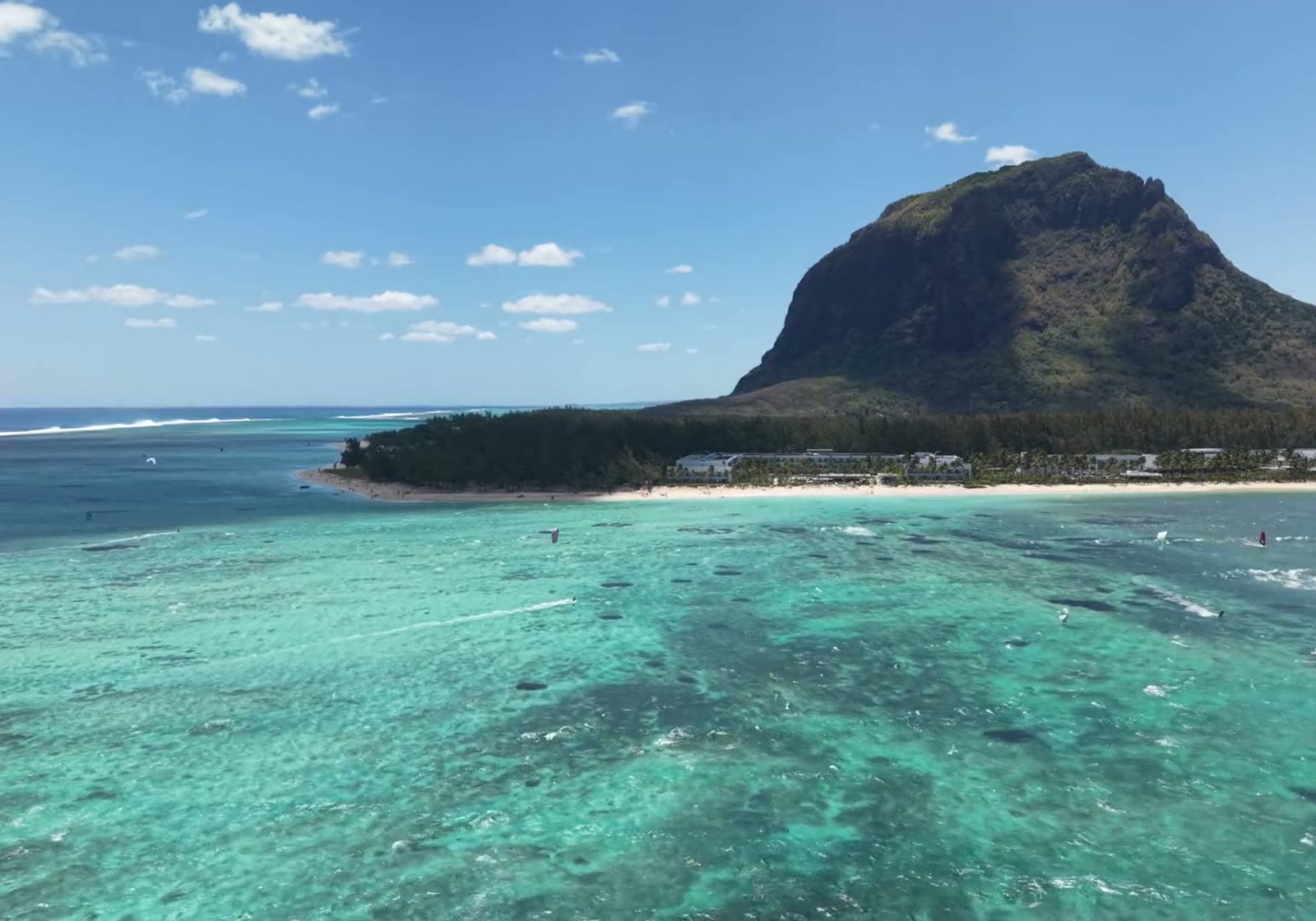 Aerial view of Le Morne lagoon and mountain