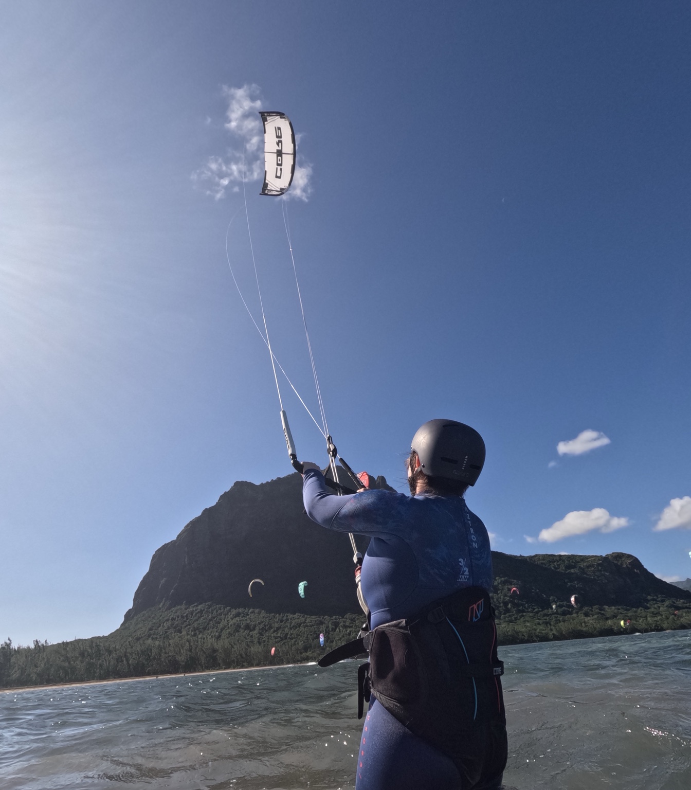 Kitesurfing practice in shallow lagoon water